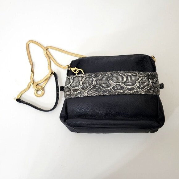 Vintage Halston Black Leather & Snake Print Crossbody Bag With Gold Accents - Picture 3 of 8